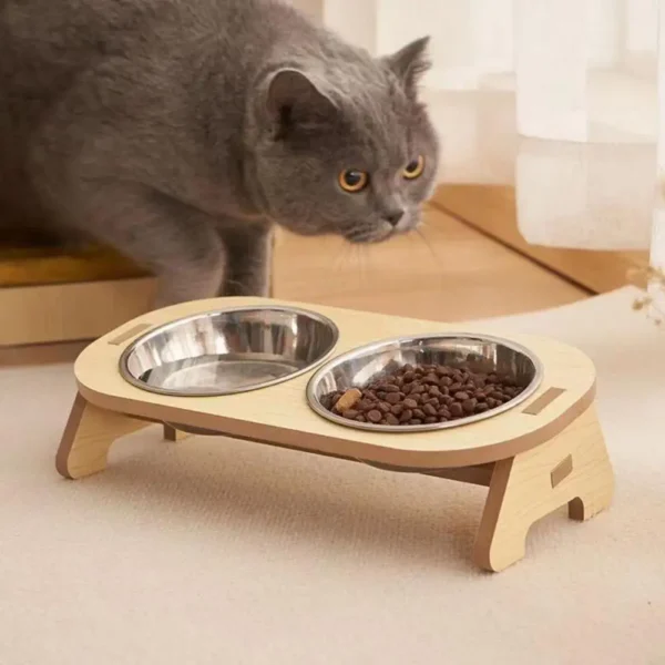 Bols surélevés pour chat en bois et acier inoxydable