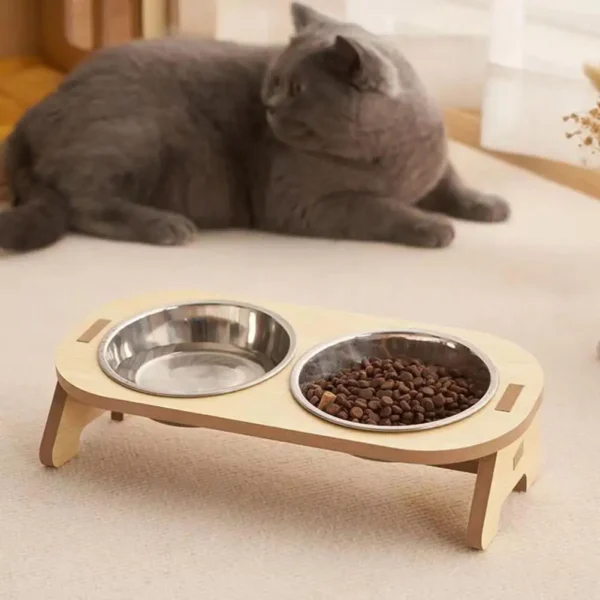Bols surélevés pour chat en bois et acier inoxydable – Image 5